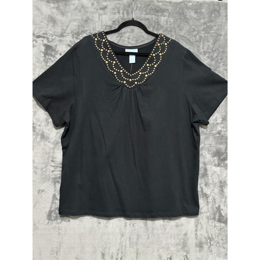 Liz & Me Brass Studded Black Tee Sz 1X V-Neck